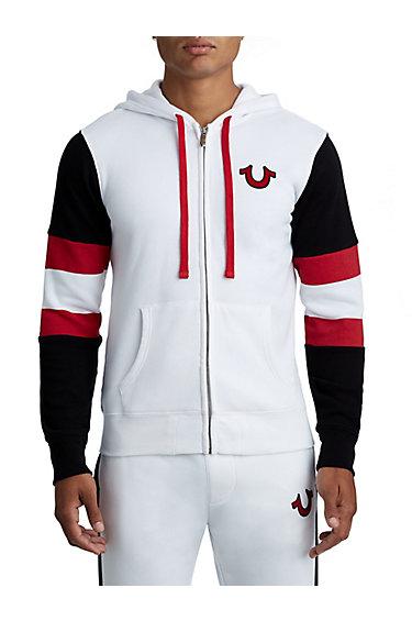 Men's Buddha Logo Stripe Zip Up Hoodie | White/black | Size Small | True Religion