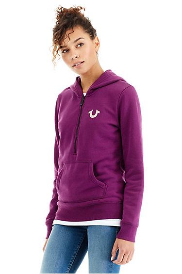 Half Zip Crystal Tr University Womens Hoodie | Amethyst | Size X Small | True Religion
