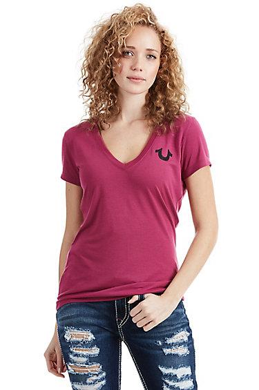 Classic Logo Deep V Neck Womens Tee | Berry | Size Small | True Religion