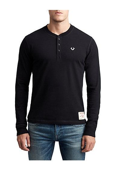 Mens Classic Embroidered Henley Shirt | Black | Size Small | True Religion