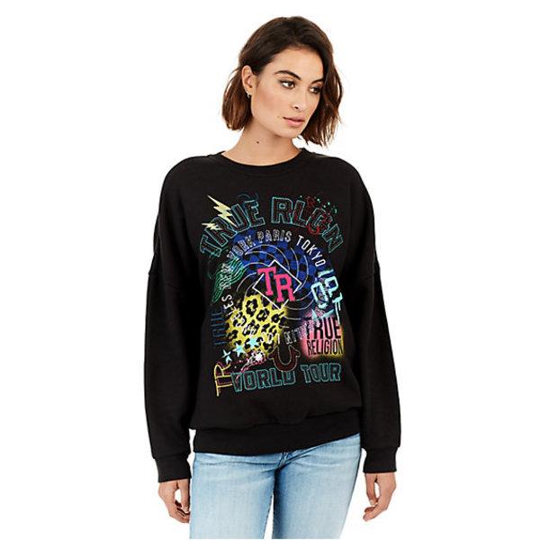 Womens World Tour Boyfriend Pullover | Black | Size Small | True Religion