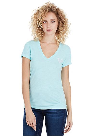 Classic Logo Deep V Neck Womens Tee | Succulant | Size X Small | True Religion