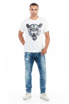 Short Sleeve Blue Panther Mens Tee | White  | Size Medium | True Religion