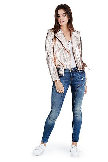 Rose Gold Metallic Womens Moto Jacket | Rose Gold/rose | Size X Small | True Religion