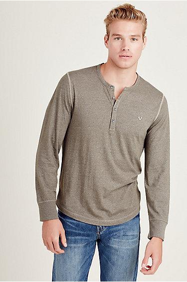 True Religion Long Sleeve Mens Henley Shirt - Faded Olive