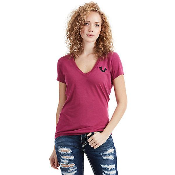 Women's Crystal Classic Logo Deep V Neck Tee | Berry | Size Small | True Religion