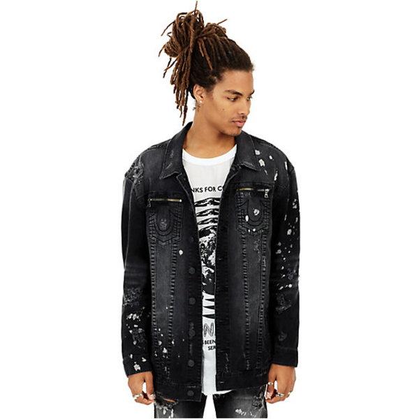 Mens Distressed Paint Splatter Turner Denim Jacket | Dark Cyber Rebel | Size Medium | True Religion