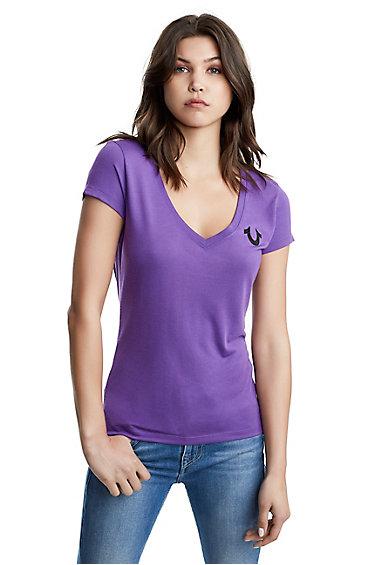 Women's Crystal Classic Logo Deep V Neck Tee | Plum | Size Xx Small | True Religion