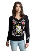Womens Embroidered Floral Zip Up Hoodie | Black | Size Small | True Religion
