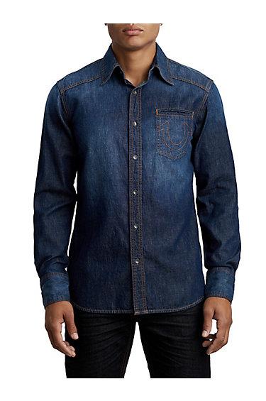 Men's Midnight Denim Western Shirt | Body Rinse | Size Medium | True Religion