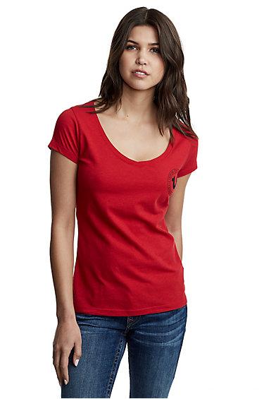 Women's True Crest Round V Tee | Ruby Red | Size Xx Small | True Religion