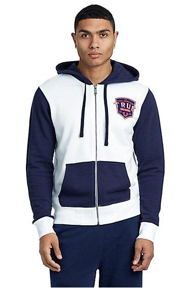 Men's Back Pop Fly Zip Up Hoodie | White/navy | Size Small | True Religion