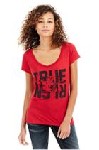 Crystal Buddha Rounded V Neck Womens Tee | Ruby Red | Size Large | True Religion