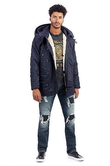 Mens Sherpa Lined Parka Jacket | Night Blue | Size Small | True Religion