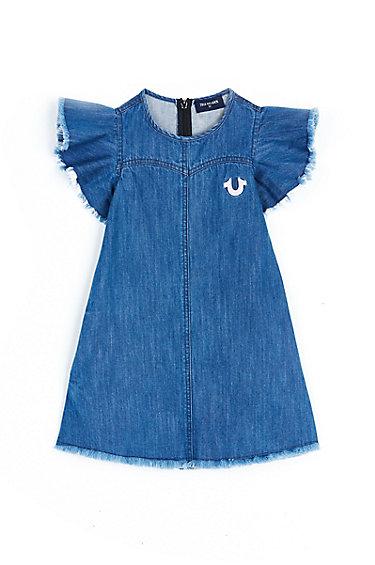 Raw Edge Flutter Sleeve Kids Dress | Indigo | Size Small | True Religion