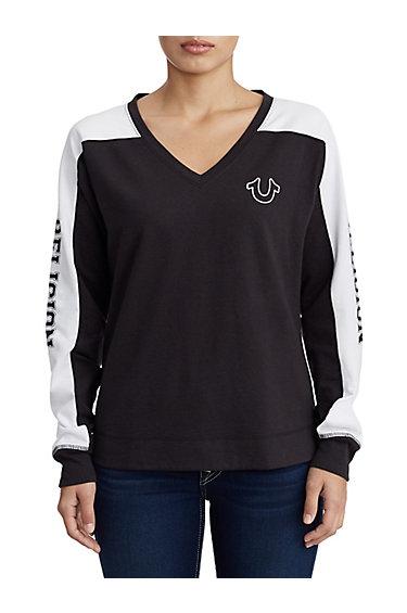 Women's Rounded V Panel Sleeve Top | Black | Size X Small | True Religion