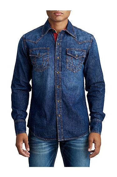 Mens Contrast Stitch Western Denim Shirt | Red Brick | Size Small | True Religion