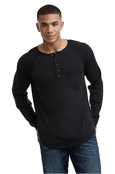 Mens Ls Raglan Henley Shirt | Black | Size Small | True Religion