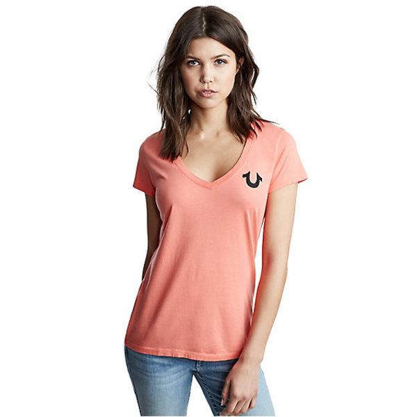Classic Logo Deep V Neck Womens Tee | Ember | Size Small | True Religion