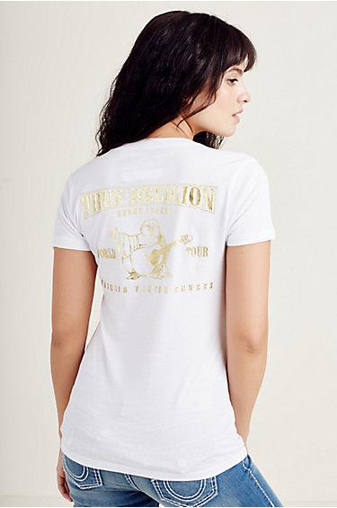 Womens Metallic Puff Print Tee | White  | Size X Small | True Religion