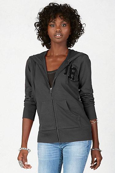 True Religion Varsity Baseball Stitch Womens Hoodie - Black
