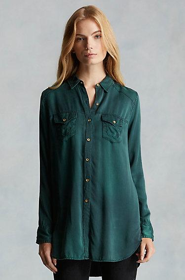 True Religion Georgia Silk Womens Shirt - Green