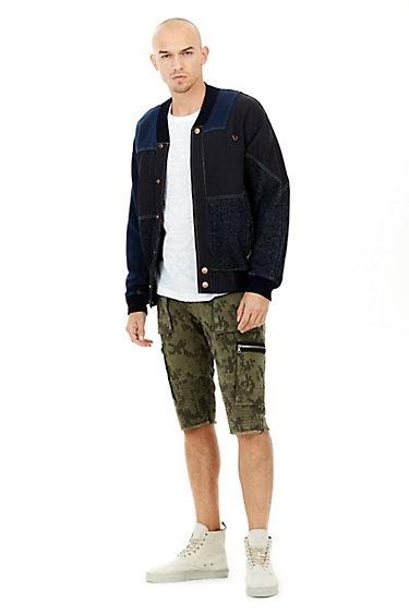 Mens Denim Patchwork Bomber Jacket | Indigo | Size X Small | True Religion