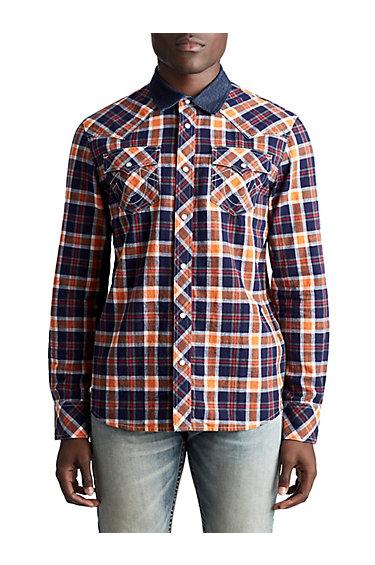 Mens Mixed Denim Plaid Button Up Shirt | Navy/burnt Orange | Size Small | True Religion