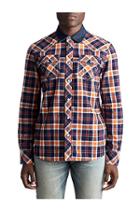 Mens Mixed Denim Plaid Button Up Shirt | Navy/burnt Orange | Size Small | True Religion