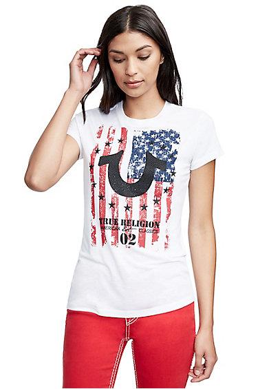 Women's Flag Horseshoe Crew Neck Tee | White | Size Xx Small | True Religion