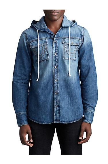 Mens Button Up Denim Shirt W/ Hood | Lightning Sky | Size Small | True Religion