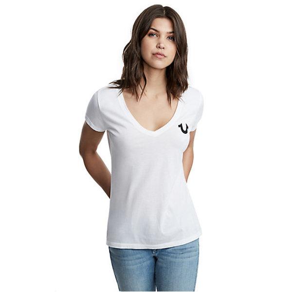 Classic Logo Deep V Neck Womens Tee | White | Size Medium | True Religion