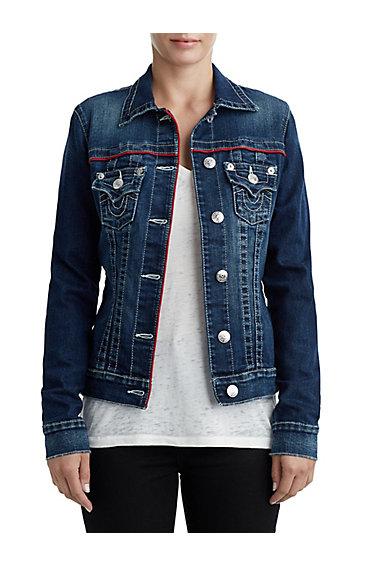 Women's Red Piping Denim Trucker Jacket | Night Lights | Size X Small | True Religion