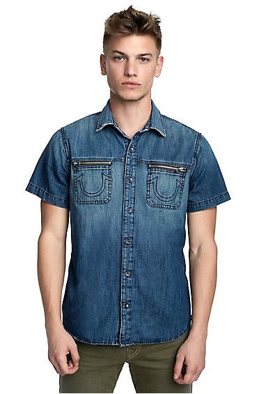 Mens Classic Denim Button Up Shirt | Sea Port | Size Medium | True Religion