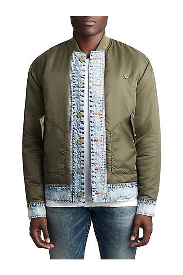 Mens Denim Flight Bomber Jacket | Burnt Olive | Size X Small | True Religion