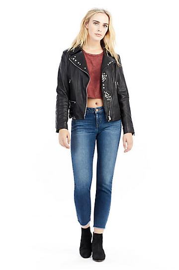 Womens Embellished Leather Moto Jacket | Black | Size X Small | True Religion