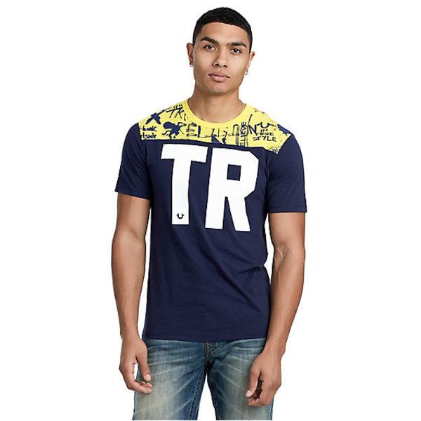 Men's Mix Drawn Football Crew Neck Tee | Yellow/blue | Size Large | True Religion