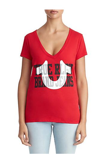 Womens Deep V Logo Graphic Tee | Ruby Red | Size X Small | True Religion