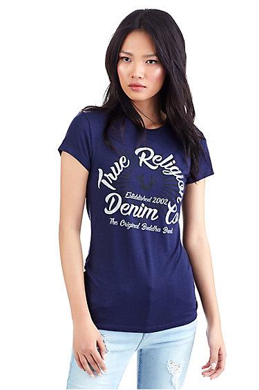 Crystal Horseshoe Ray Crew Womens Tee | Navy | Size X Small | True Religion