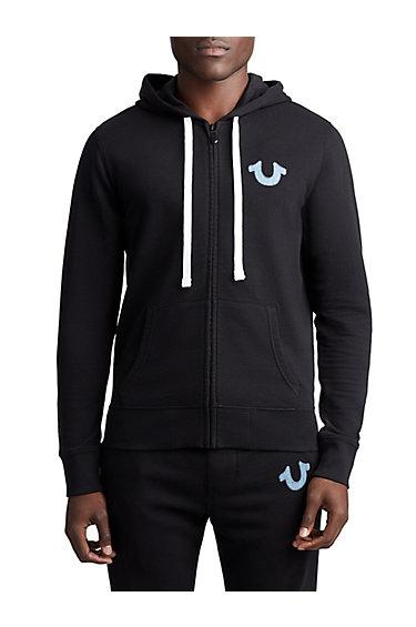 Mens Denim Applique Zip Up Hoodie | Black | Size Small | True Religion