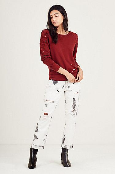 Distressed Boyfriend Womens Sweatshirt | Ox Blood | Size Small | True Religion