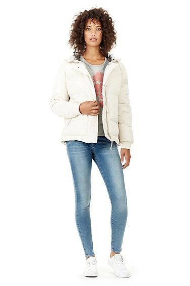 Womens Quilted Puffer Jacket | Light Wash Indigo | Size Small | True Religion
