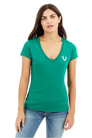 Crystal Classic Logo Deep V Womens Tee | Emerald Green | Size Small | True Religion
