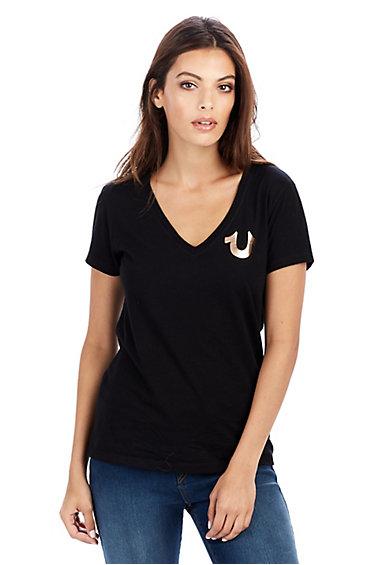 Womens Metallic Puff Print Tee | Faded Black | Size X Small | True Religion