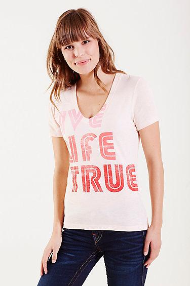 True Religion Live True Deep V-neck Womens Tee - Blush