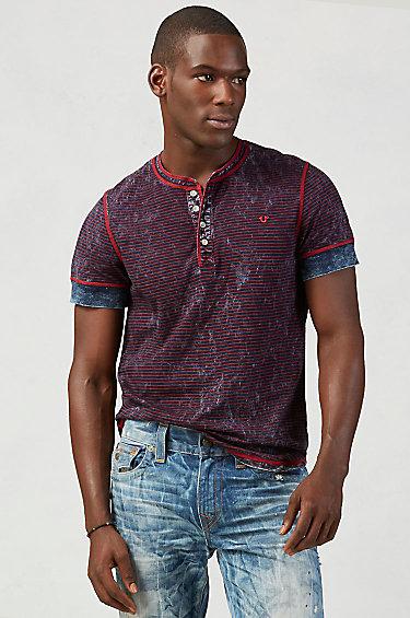 True Religion Striped Mens Henley T-shirt - Indigo With Red Stripe