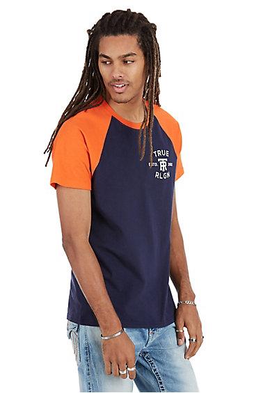 Home Run Raglan Shirt Mens Tee | Navy/orange | Size Small | True Religion