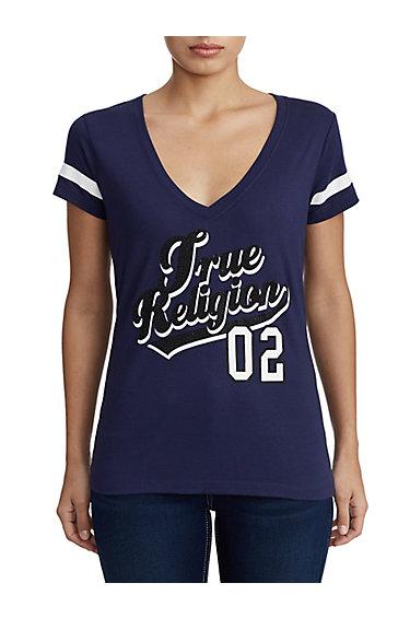 Women's Tr Script College Deep V Tee | Navy | Size Xx Small | True Religion