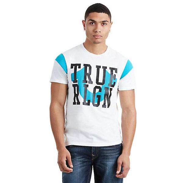 True U Football Sleeve Mens Tee | White/aqua | Size Medium | True Religion
