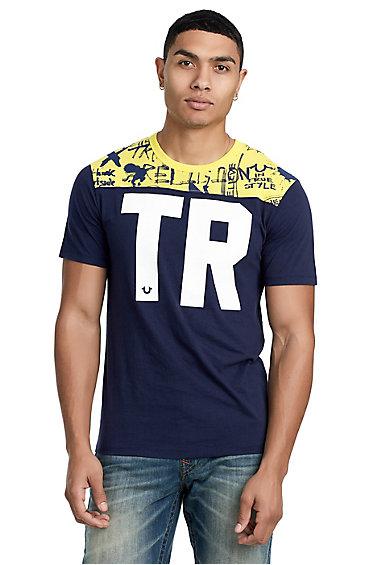 Men's Mix Drawn Football Crew Neck Tee | Yellow/blue | Size Small | True Religion